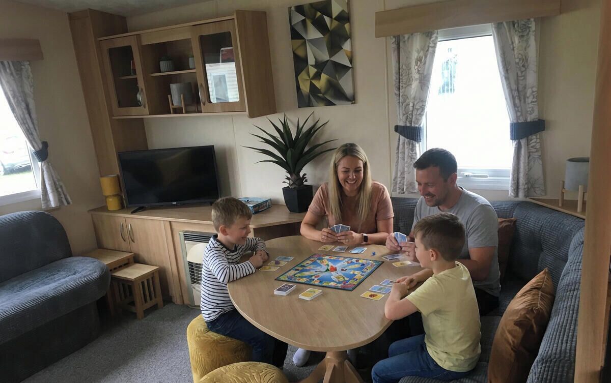 Una familia jugando un juego de mesa en una mesa de madera en una sala de estar con una televisión, estanterías y una planta en maceta.