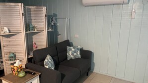 A living room with a dark sofa, patterned cushions, a small table with a tissue box and remote, and a wall-mounted air conditioner.