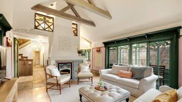 Télévision, cheminée, livres