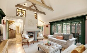 TV, fireplace, books