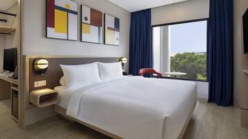 In-room safe, desk, laptop workspace, blackout curtains