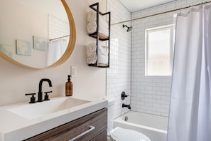 Hair dryer, towels, toilet paper