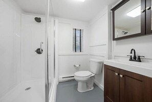 Une salle de bain avec douche, toilettes et lavabo.
