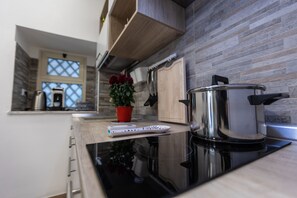 A modern kitchen with a black induction cooktop, a stainless steel pot, a red potted plant, and a window with a view of the sky. - Al Castello-Independent house- Holiday home in Catania (Catania)