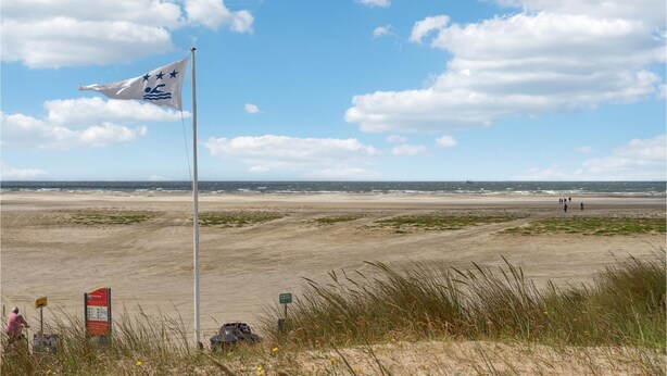 A beach with a flagpole, a sign, and a distant view of the ocean. - 2 bedroom nice apartment in Fanø (Fanø)