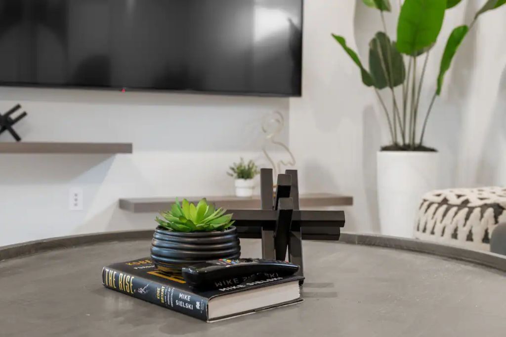 A modern living room with a flat-screen TV mounted on the wall, a potted plant, and a small table with books and a decorative item.