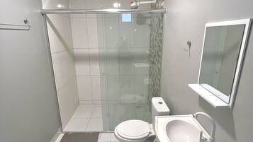 A modern bathroom with a glass shower enclosure, a toilet, a sink, and a mirror.