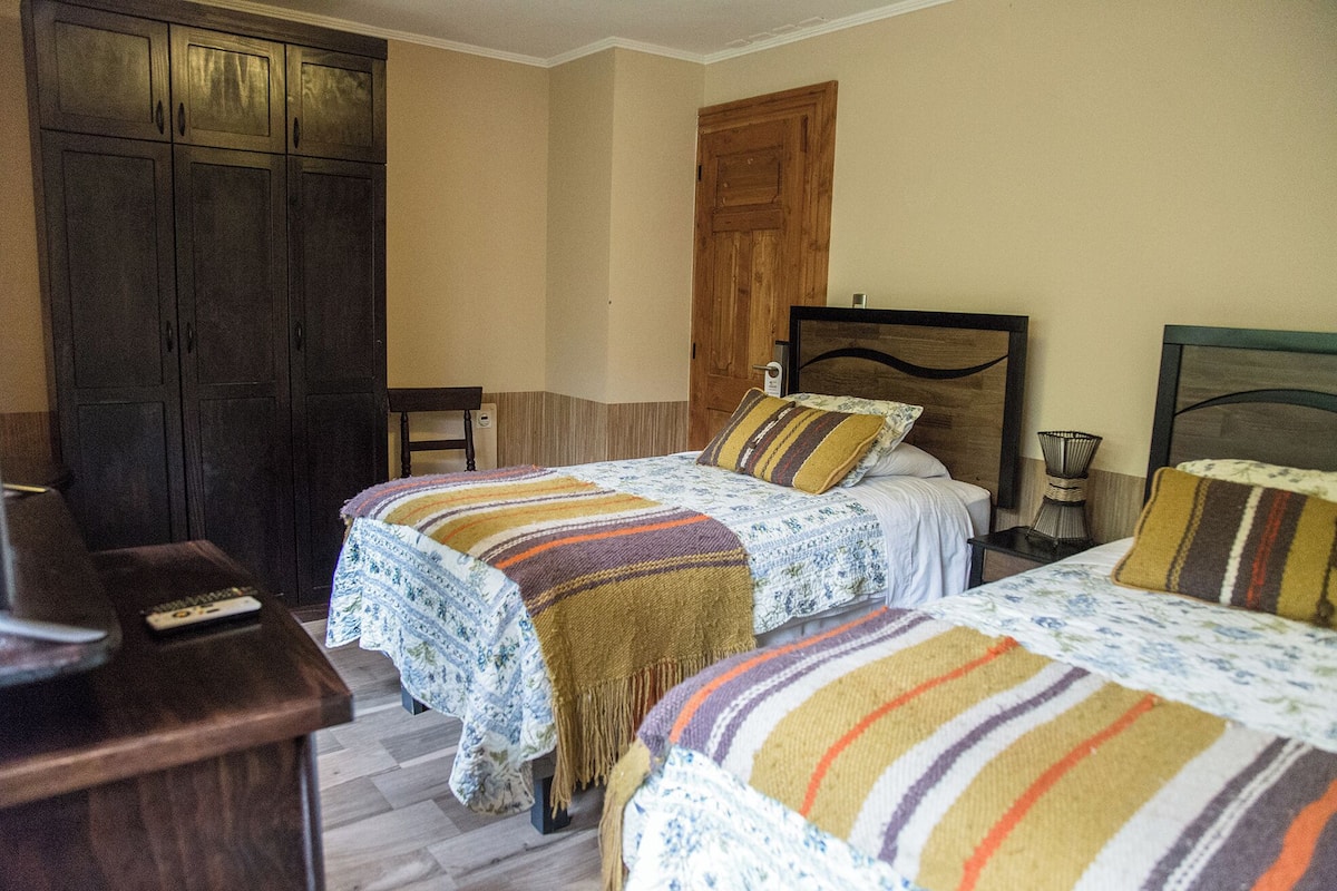 A room with two beds, a wooden wardrobe, a chair, and a small table.