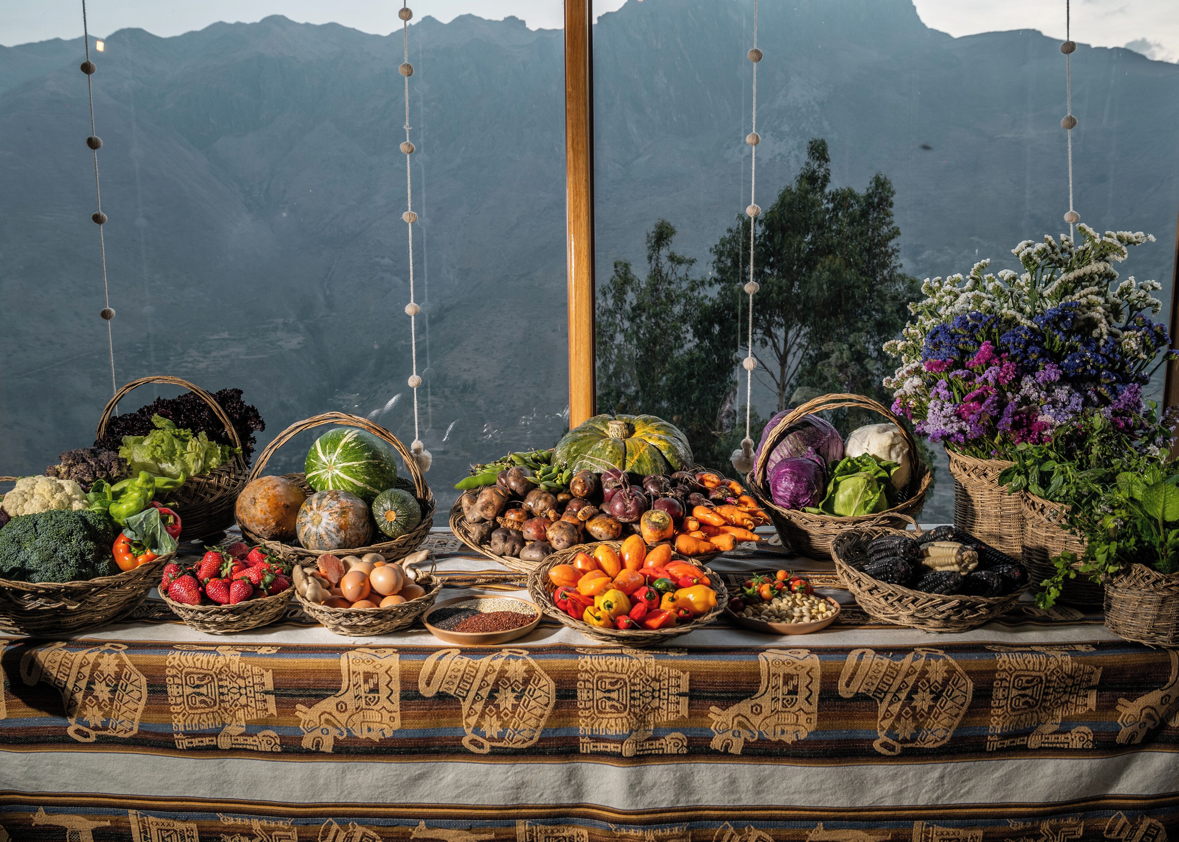 Una mesa con frutas, verduras y cestas sobre un fondo montañoso.