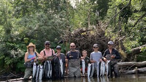 A group of people standing by a river with fish. - Saltery Adventures Remote Loft Cabin (Kodiak)