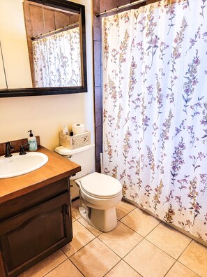 Une salle de bain avec un meuble-lavabo en bois, un lavabo blanc, des toilettes et un rideau de douche à motifs floraux.