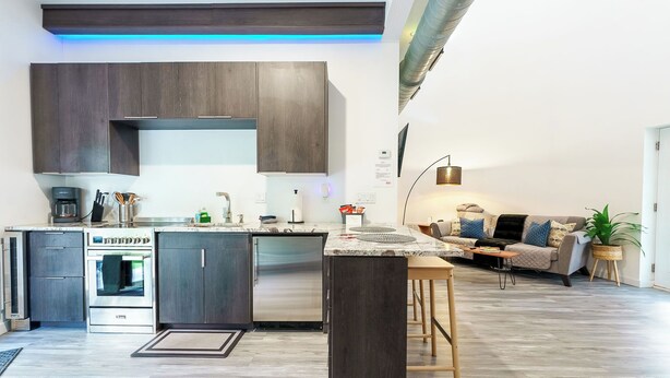 A modern kitchen with dark cabinetry, a built-in oven, and a dining area with a sofa and a plant. - Restored Grain Bin with Hot Tub, King Bed, Vending Machine. Dog-friendly! (Rockbridge)