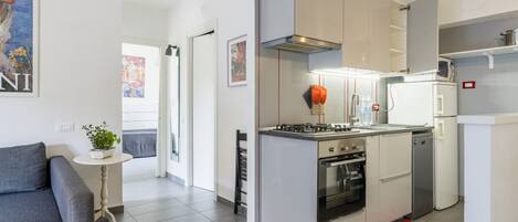 Frigorífico, microondas, horno y placa de cocina