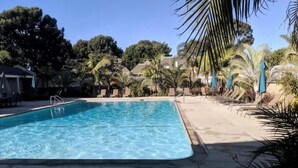 A rectangular swimming pool with clear blue water, surrounded by lounge chairs and palm trees. - Waterfront front condo in Huntington Beach /Harbor (Huntington Beach)