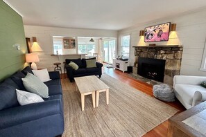 Smart TV, fireplace, books, music library