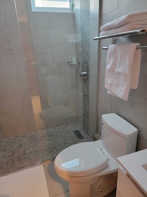 Ducha, toallas, jabón y champú