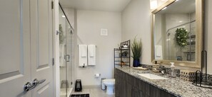 Shower, towels, soap, shampoo