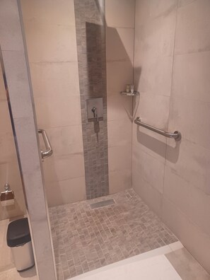Douche, serviettes fournies, savon, shampoing