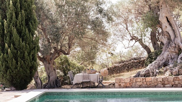 A pool area with a stone wall, a table with chairs, and a large tree. - SON BORRAS (Alaró)