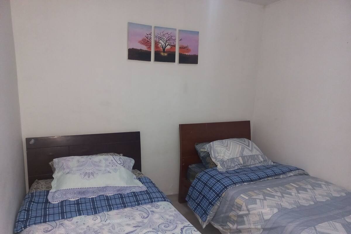 A bedroom with two single beds, each with a headboard, a patterned bedspread, and a pillow. There are two wall-mounted pictures above the beds.