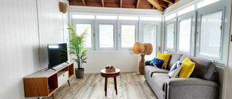 Un salon avec un plafond en bois, un canapé gris agrémenté de coussins colorés, un téléviseur posé sur un meuble en bois, une plante en pot et une lampe en osier.