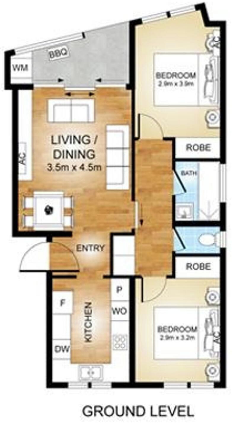 A ground-level floor plan with a living/dining area, two bedrooms, a kitchen, and a bathroom.