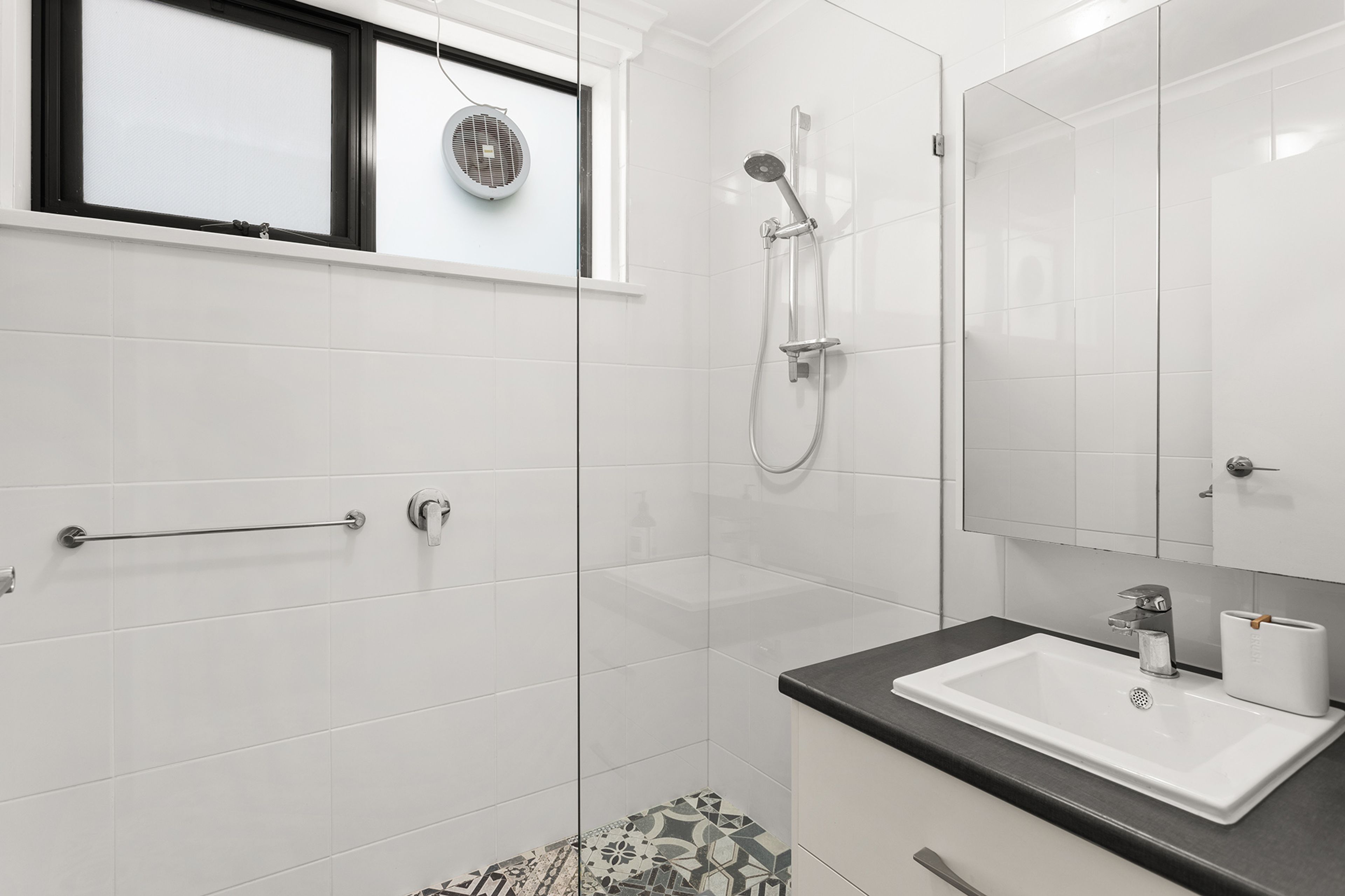 Shower, hair dryer, shampoo