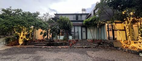 A house with a stone pathway leading to the entrance, surrounded by potted plants and trees.