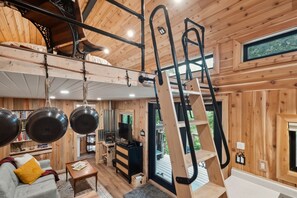 Smart TV, chimenea, reproductor de DVD y libros