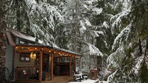 Un chalet rustique doté d’un porche, entouré d’arbres couverts de neige.
