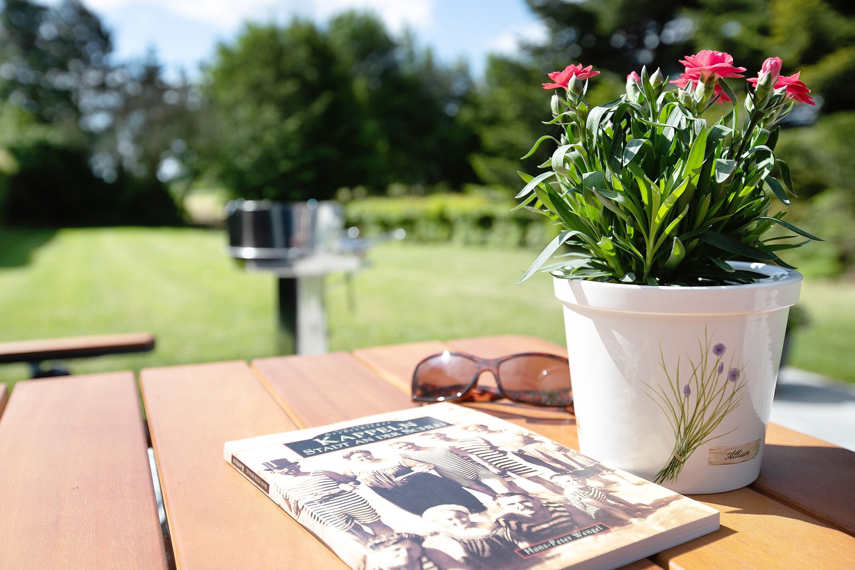 A wooden picnic table with a book, a potted plant with flowers, and a pair of sunglasses.