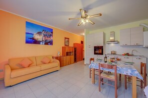 A living room with a sofa, dining table, chairs, a ceiling fan, and a kitchen area with cabinets and appliances.