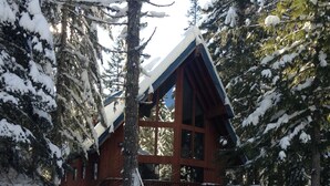 Una cabaña de madera con ventanas amplias y un techo cubierto de nieve, rodeada de árboles.