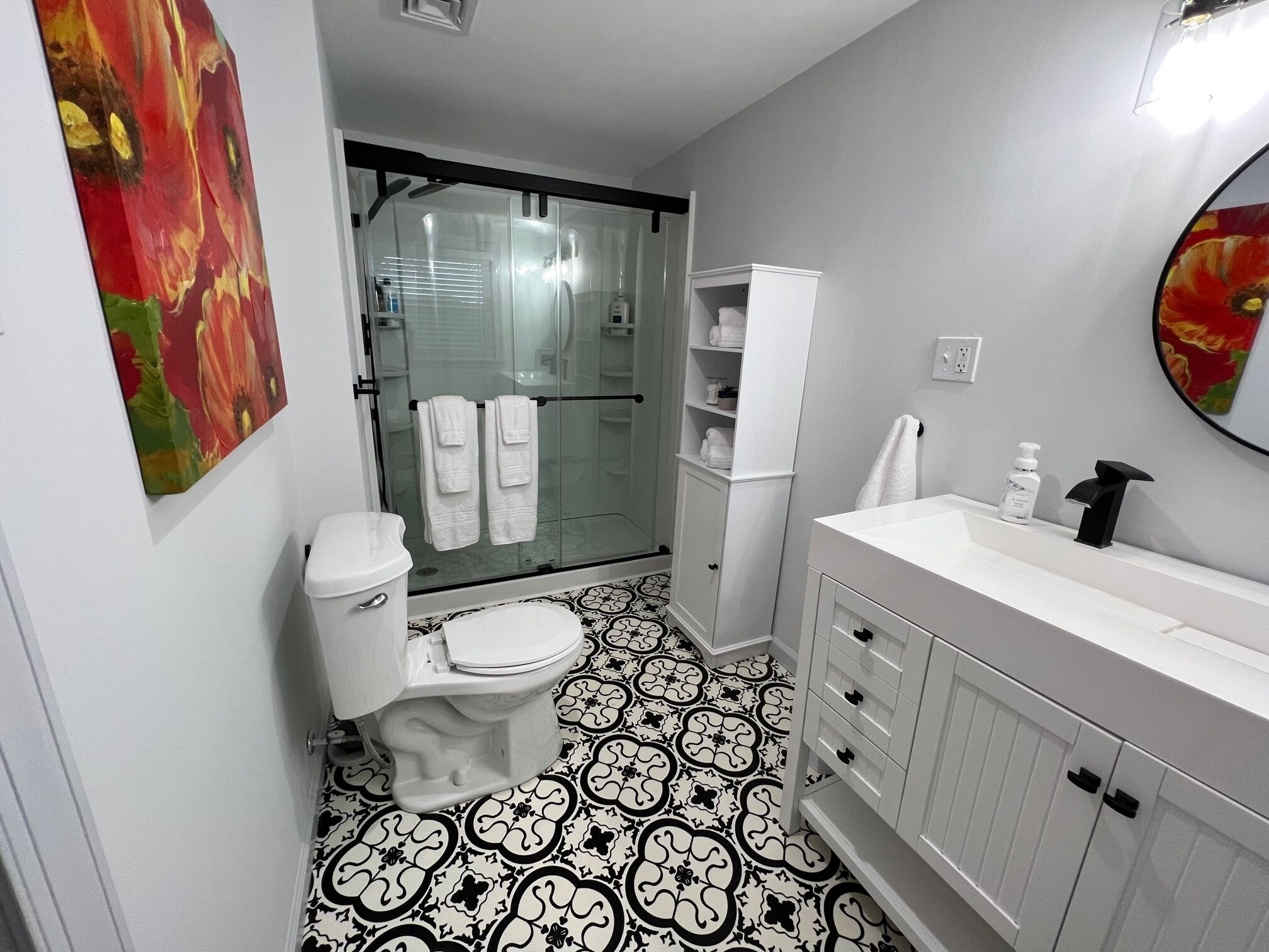 Regadera, secadora de cabello, toallas, jabón 