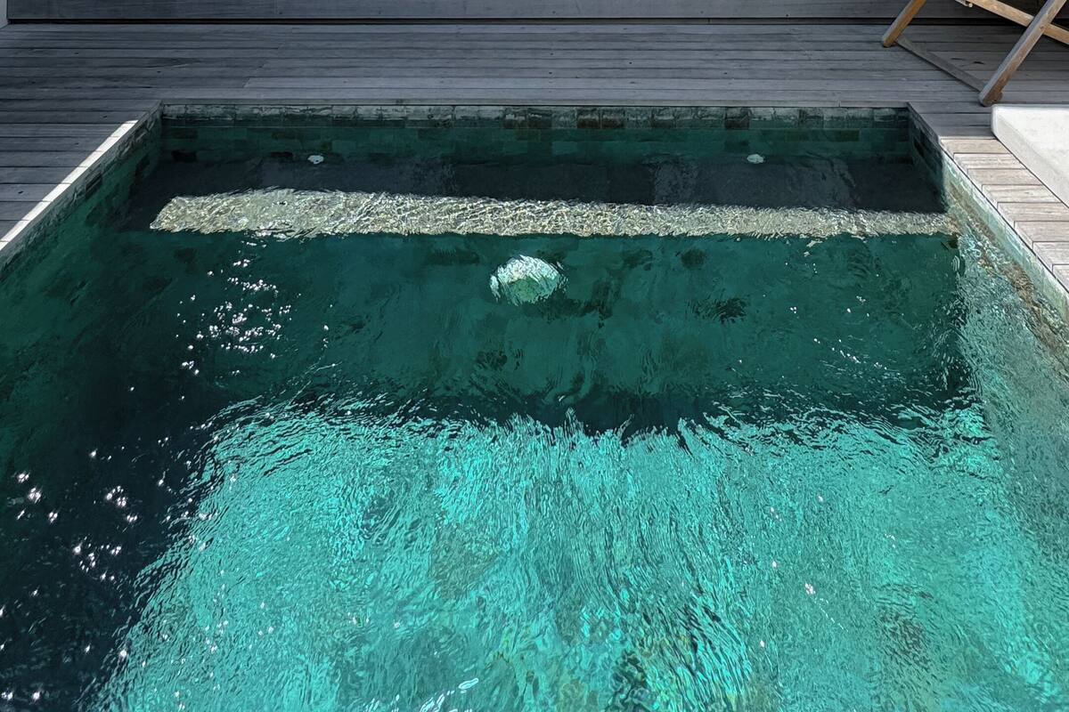 A modern house with a large glass door entrance, a pool, and a deck area.