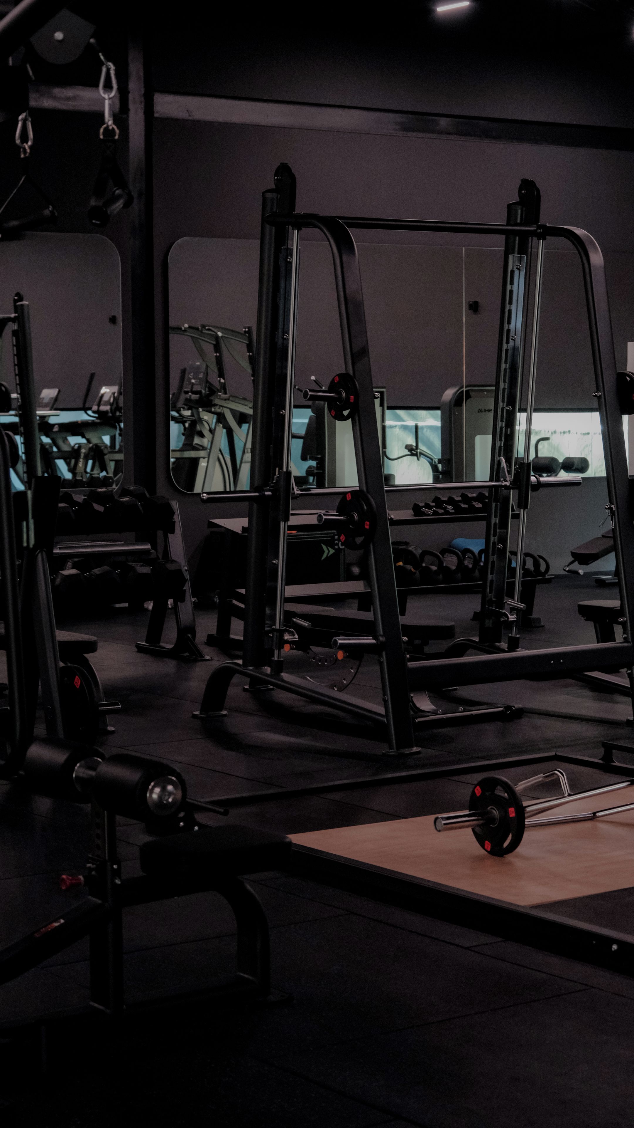 Ein Fitnessstudio mit Gewichten, Spiegeln und Trainingsgeräten.