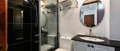 A modern bathroom with a glass-enclosed shower, a white toilet, and a sink with a mirror above it.