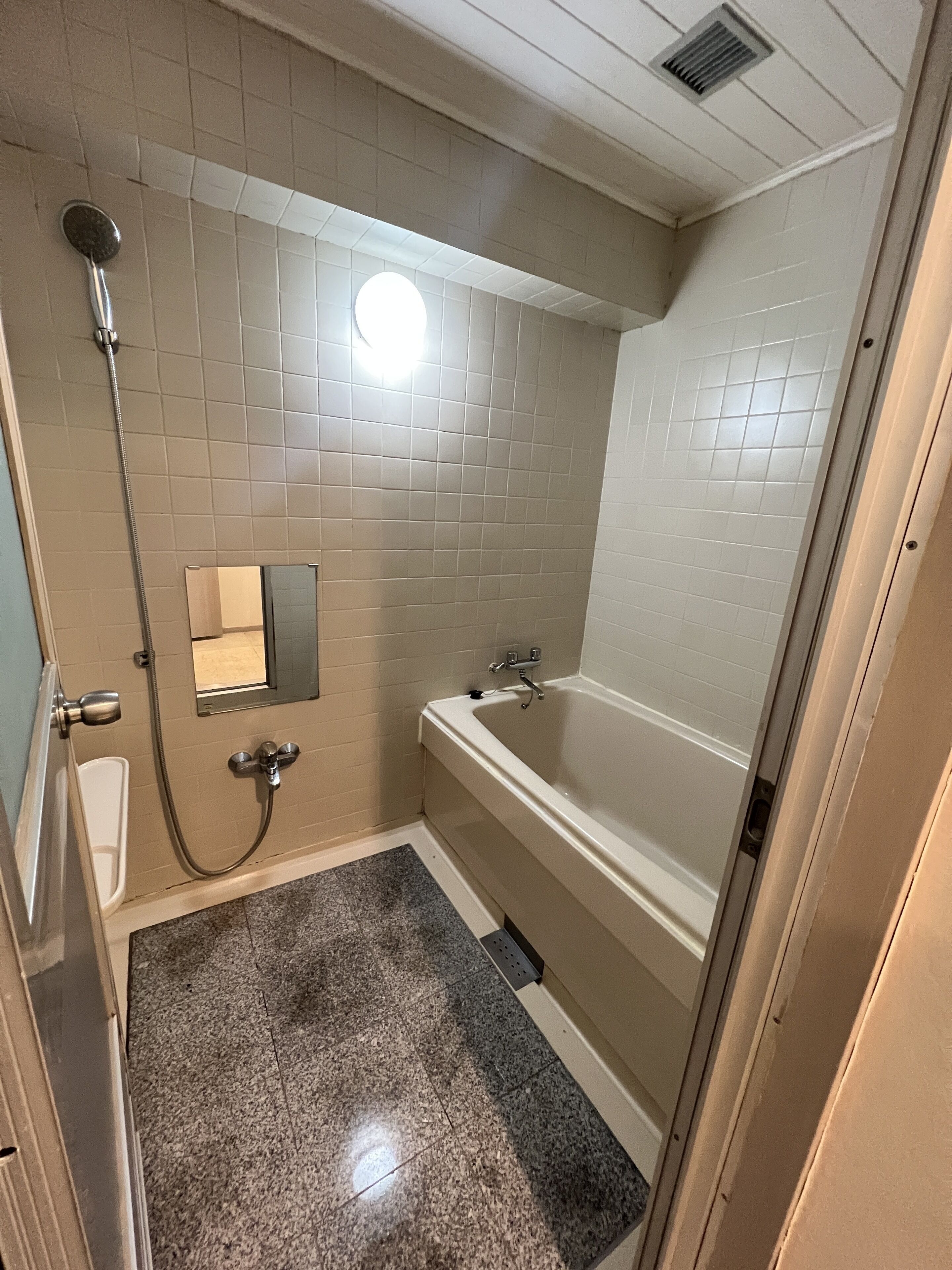 A small bathroom with a shower, a toilet, and a bathtub.