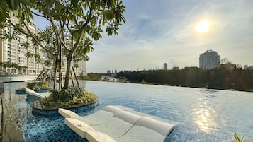 Outdoor pool, pool umbrellas, pool loungers