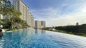 Outdoor pool, pool umbrellas, pool loungers