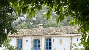 A rustic white building with a stone wall entrance, a tiled roof, and a blue door. - Masseria Santacatrini (Melilli)