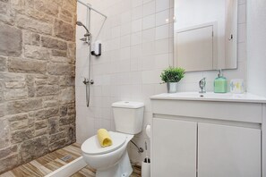 Douche, articles de toilette (gratuits), séchoir à cheveux