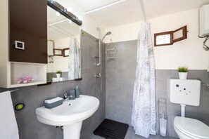 Ein Badezimmer mit Waschbecken, Spiegel, Dusche, Toilette und einer kleinen Pflanze.