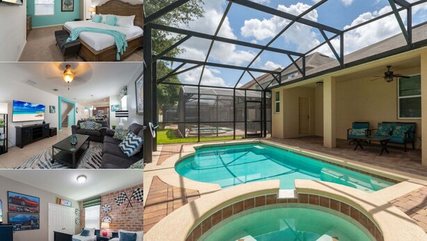 A bedroom with a bed, a living room with a sofa, a dining area, and a pool with a hot tub. - Coastal Decor-Hen's Nest- Privacy-Pool & Spa- Gated Community (Davenport)