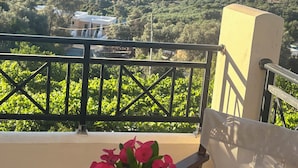 A balcony with a view of a hillside and the sea.