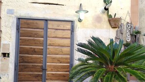 Eine Holztür, ein Blumentopf und eine Wandleuchte.