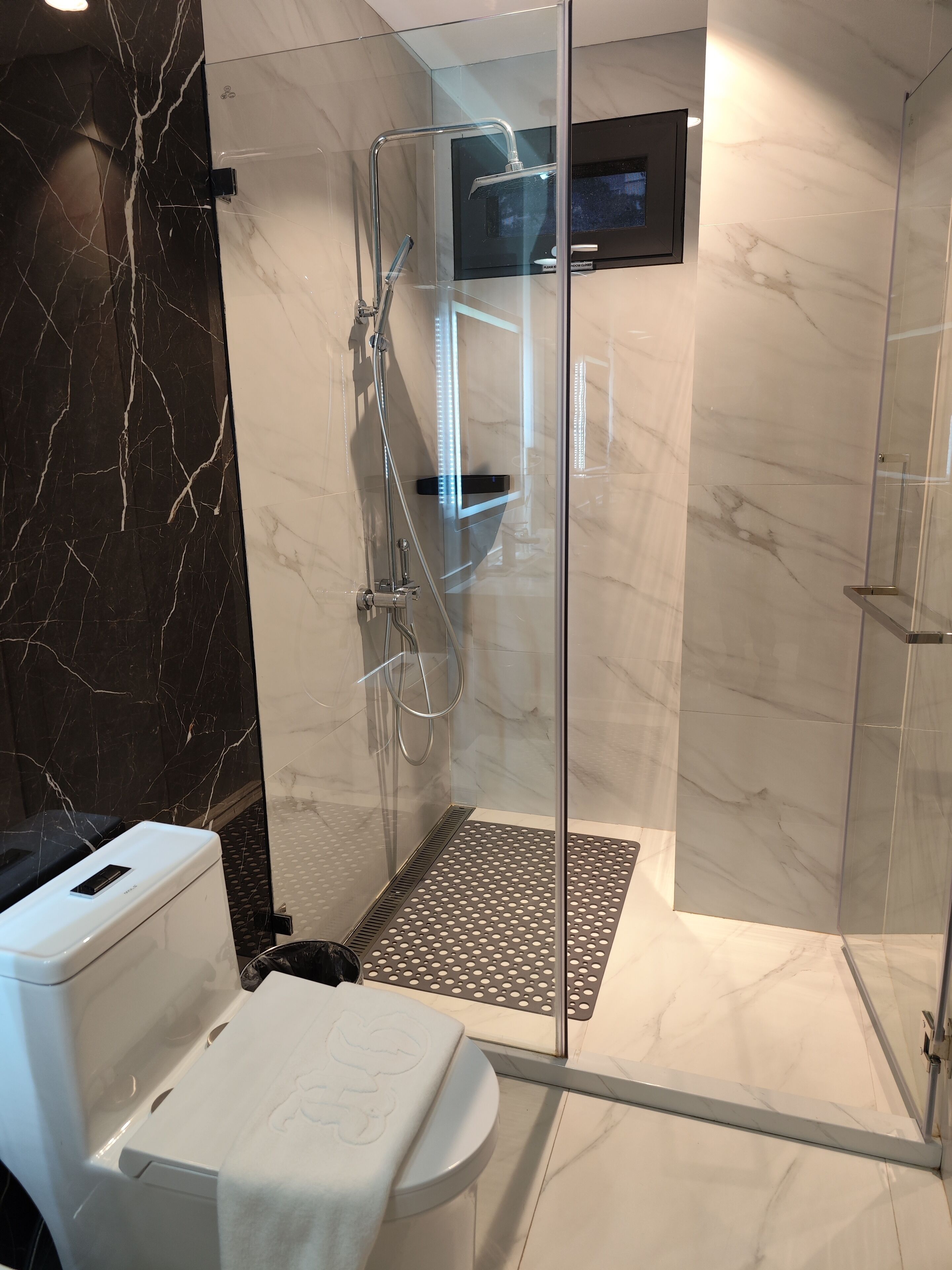 A modern bathroom with a glass-enclosed shower, a toilet, and a sink.