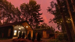 A rustic cabin with a large wooden door, surrounded by trees and a string of lights.