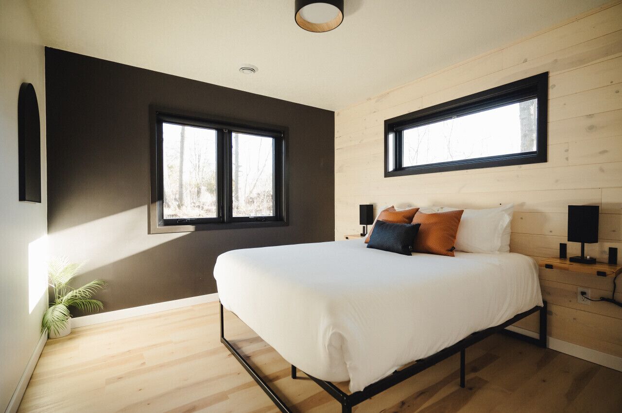 A modern bedroom with a large bed, two windows, wooden walls, and a small plant.