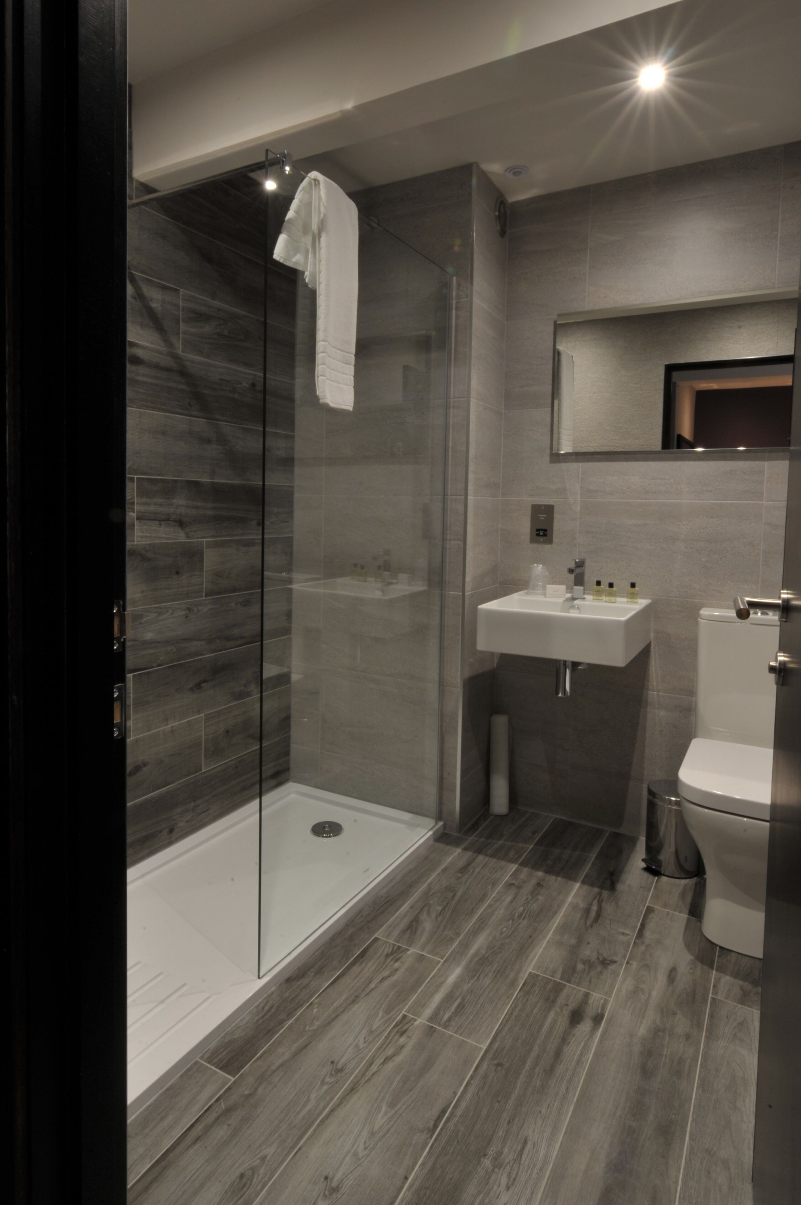 A modern bathroom with a glass-enclosed shower, a sink, and a toilet.